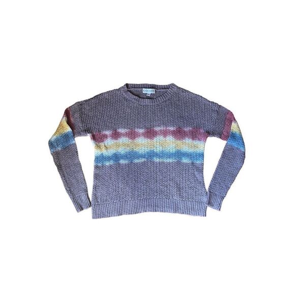 KNOX ROSE LIGHTWEIGHT OPEN KNIT COTTON SWEATER RAINBOW TIE-DYE STRIPED CREWNECK - Picture 14 of 15